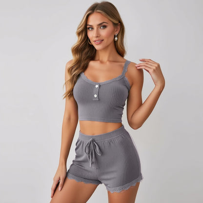 Anna-Kaci Lounge Women's Ribbed Lace Trim Pajama Set with Button Front and Drawstring Shorts