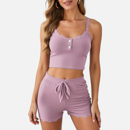 Anna-Kaci Lounge Women's Ribbed Lace Trim Pajama Set with Button Front and Drawstring Shorts