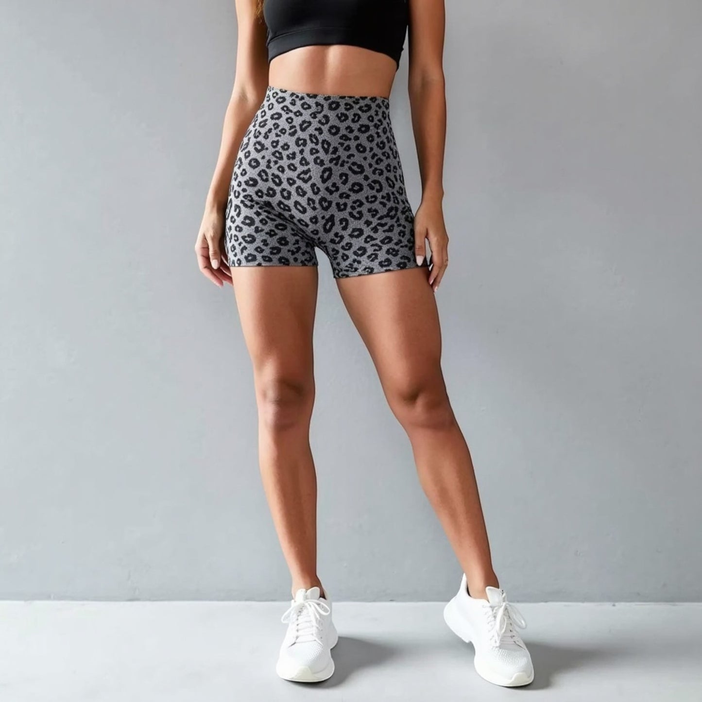Anna-Kaci Active Women's Seamless Leopard Print Biker Shorts with High Waist and Scrunch Detail
