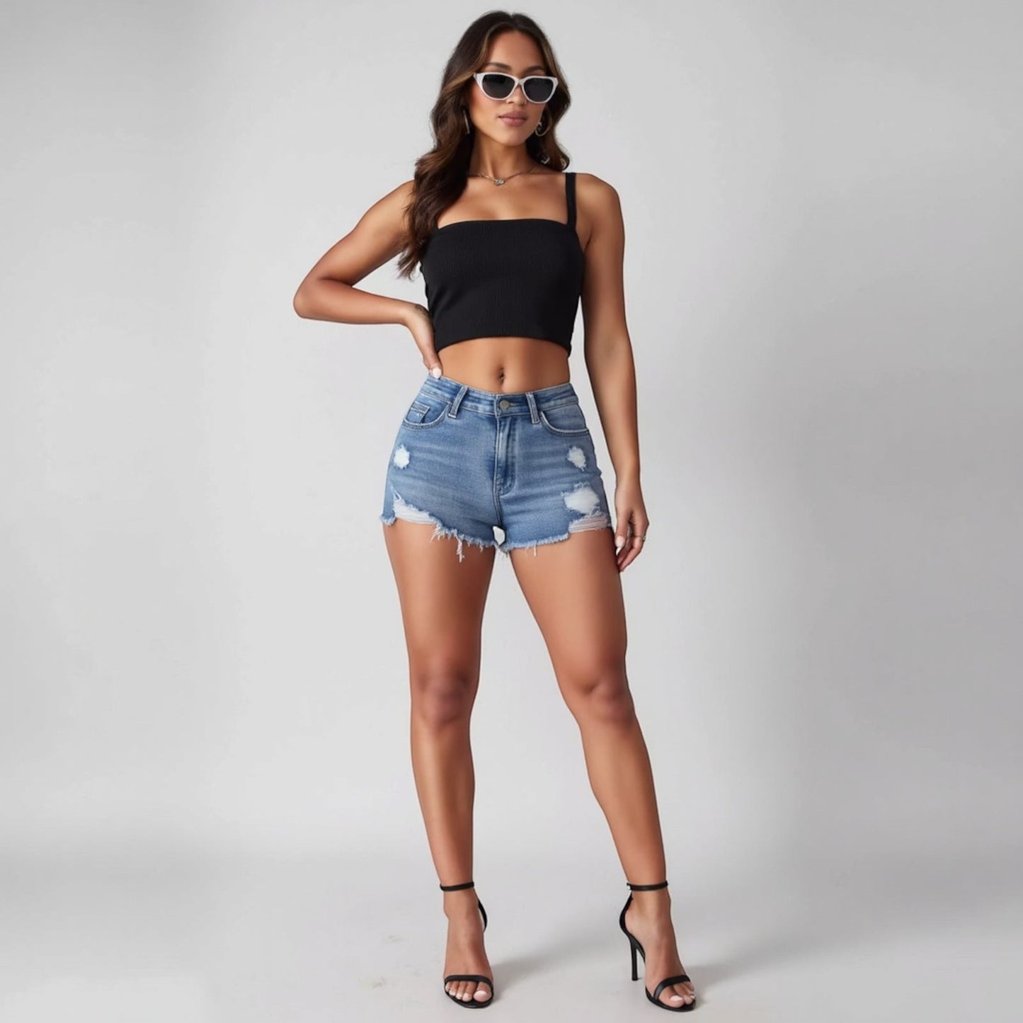Anna-Kaci Women's High Waist Distressed Denim Shorts with Raw Hem