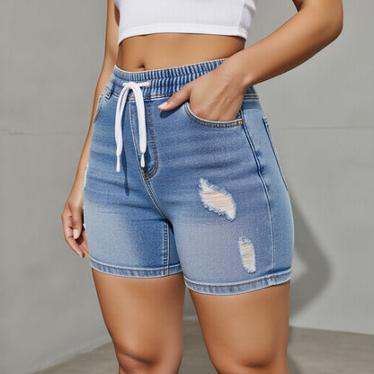 Anna-Kaci Women's High Waist Drawstring Denim Shorts with Distressed Detailing and Stretch Fit