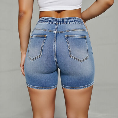 Anna-Kaci Women's High Waist Drawstring Denim Shorts with Distressed Detailing and Stretch Fit