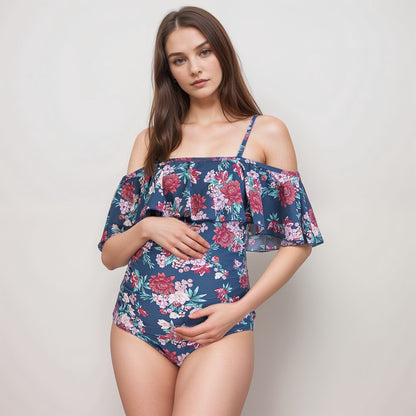 Anna-Kaci Swim Women's Ruffle Off-Shoulder Floral Maternity Swimsuit with Adjustable Straps and Ruched Belly Support