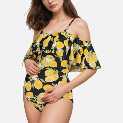 Anna-Kaci Swim Women's Lemon Print Off-Shoulder Maternity Swimsuit with Ruffle Overlay and Adjustable Spaghetti Straps