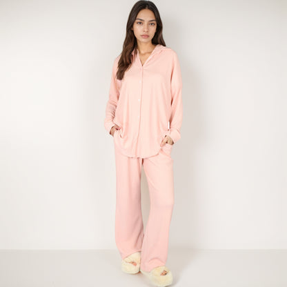 Anna-Kaci Lounge Women's Waffle Knit Pajama Set with Long Sleeve Button Down Top and Relaxed Fit Pants