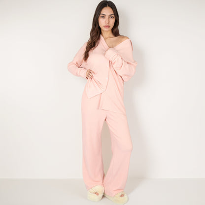 Anna-Kaci Lounge Women's Waffle Knit Pajama Set with Long Sleeve Button Down Top and Relaxed Fit Pants