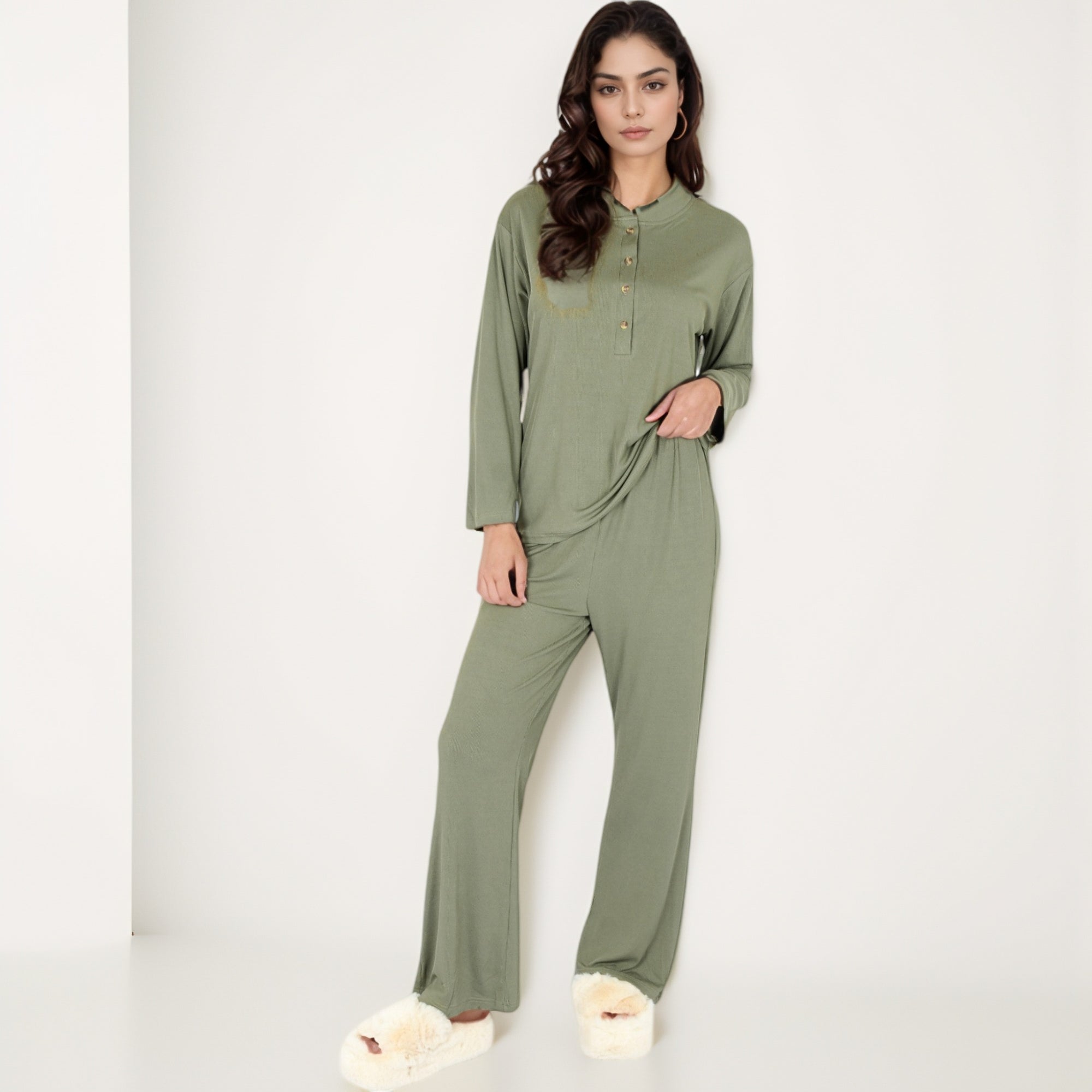 Anna-Kaci Women's Henley Pajama Set with Long Sleeve Button-Front Top Relaxed Fit and Full-Length Stretch Lounge Pants
