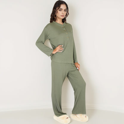 Anna-Kaci Women's Henley Pajama Set with Long Sleeve Button-Front Top Relaxed Fit and Full-Length Stretch Lounge Pants