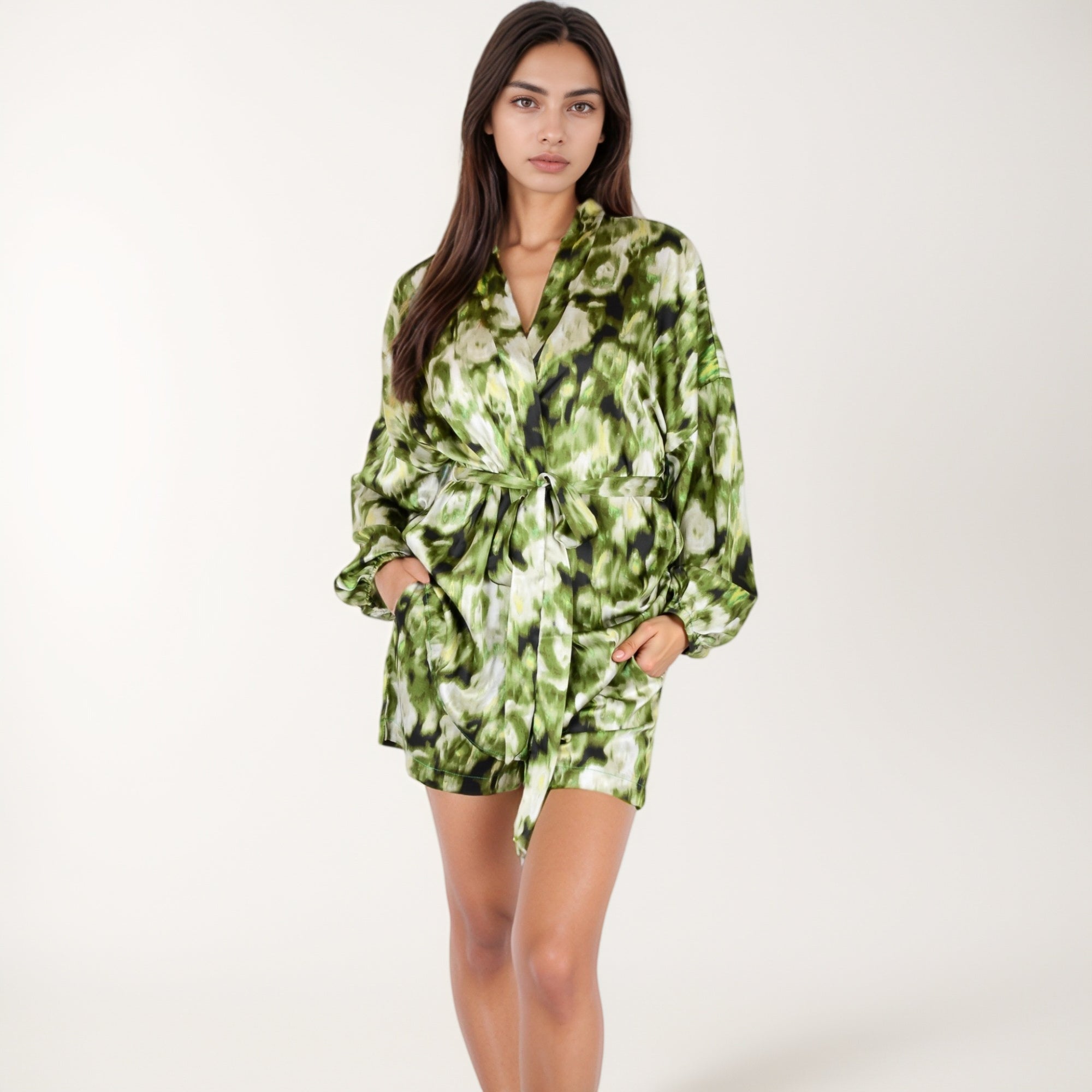 Anna-Kaci Lounge Women's Printed Satin Robe with Tie Waist and Flowing Sleeves