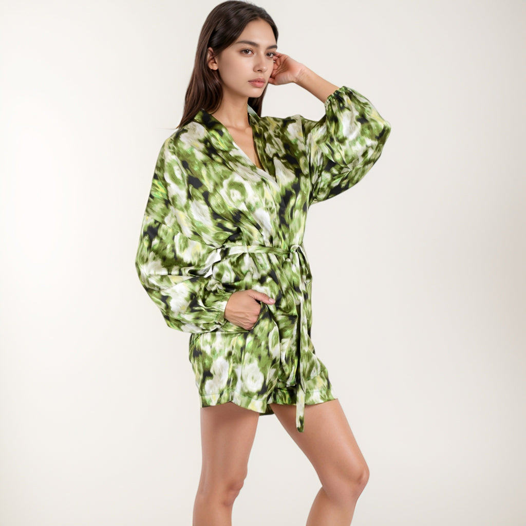 Anna-Kaci Lounge Women's Printed Satin Robe with Tie Waist and Flowing Sleeves