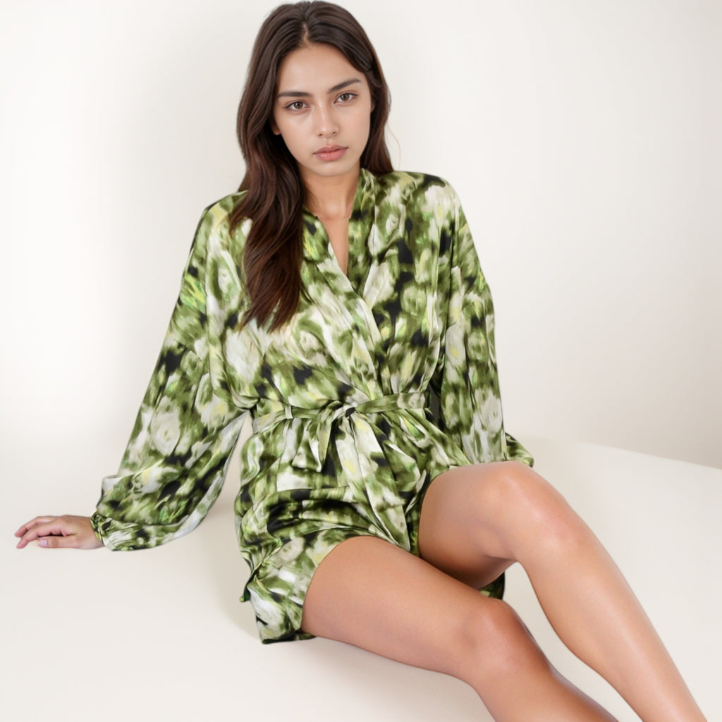 Anna-Kaci Lounge Women's Printed Satin Robe with Tie Waist and Flowing Sleeves