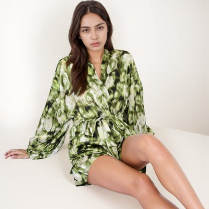 Anna-Kaci Lounge Women's Printed Satin Robe with Tie Waist and Flowing Sleeves