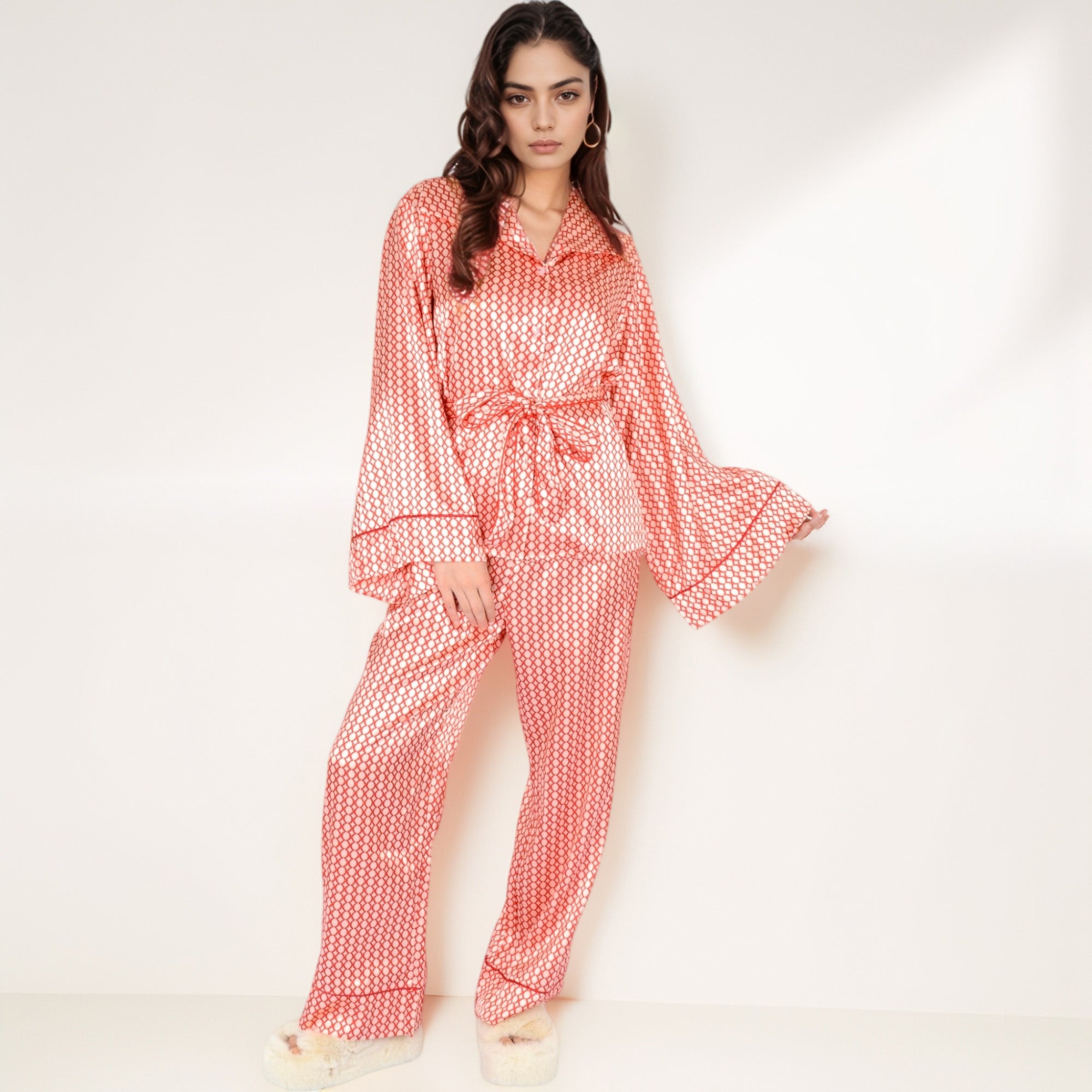 Anna-Kaci Women's Printed Satin Pajama Set with Long Sleeve Wrap Top Self-Tie Waist and Full-Length Relaxed Fit Lounge Pants