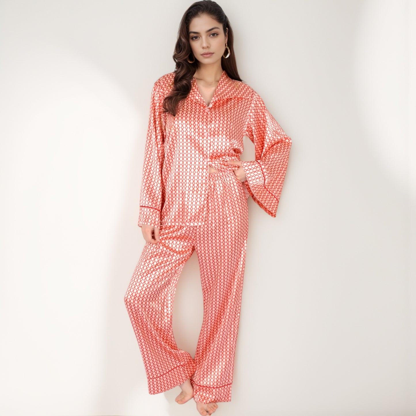 Anna-Kaci Women's Printed Satin Pajama Set with Long Sleeve Wrap Top Self-Tie Waist and Full-Length Relaxed Fit Lounge Pants