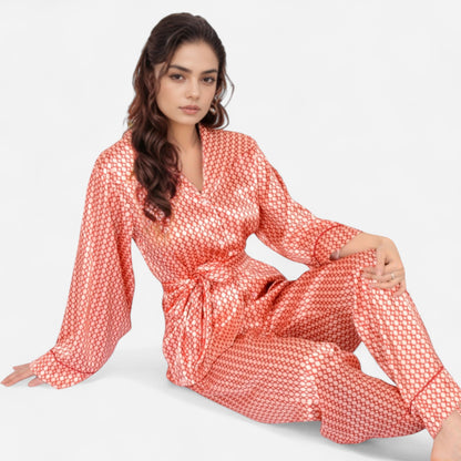 Anna-Kaci Women's Printed Satin Pajama Set with Long Sleeve Wrap Top Self-Tie Waist and Full-Length Relaxed Fit Lounge Pants