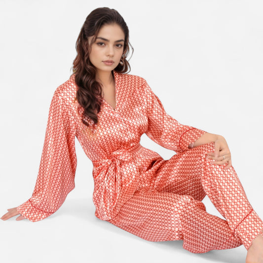 Anna-Kaci Women's Printed Satin Pajama Set with Long Sleeve Wrap Top Self-Tie Waist and Full-Length Relaxed Fit Lounge Pants