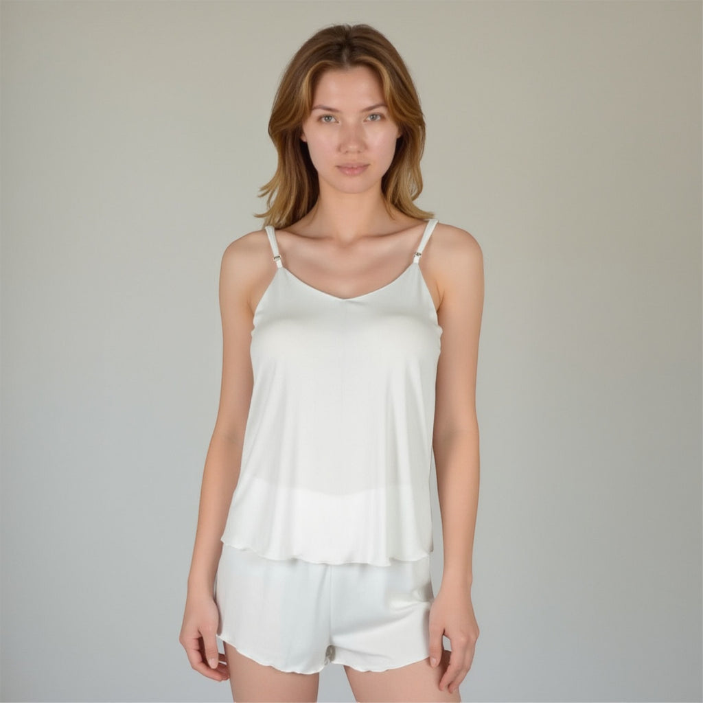 Anna-Kaci Women's Camisole Pajama Set with Adjustable Spaghetti Straps Lettuce Hem Trim and Relaxed Fit Lounge Shorts