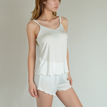 Anna-Kaci Women's Camisole Pajama Set with Adjustable Spaghetti Straps Lettuce Hem Trim and Relaxed Fit Lounge Shorts