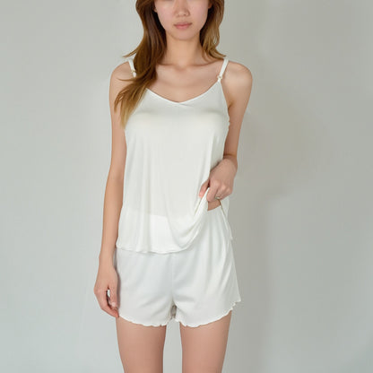 Anna-Kaci Women's Camisole Pajama Set with Adjustable Spaghetti Straps Lettuce Hem Trim and Relaxed Fit Lounge Shorts
