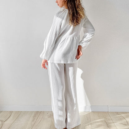Anna-Kaci Lounge Women's Long Sleeve Relaxed Peplum Top and Wide Leg Pants 2-Piece Set