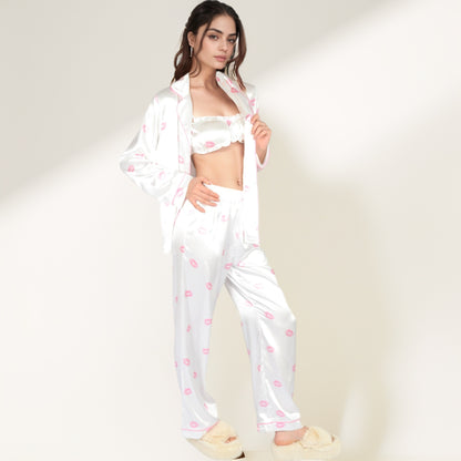 Anna-Kaci Women's Satin Three-Piece Pajama Set with Kiss Print Long Sleeve Button-Up Shirt Bandeau Top and Full-Length Lounge Pants