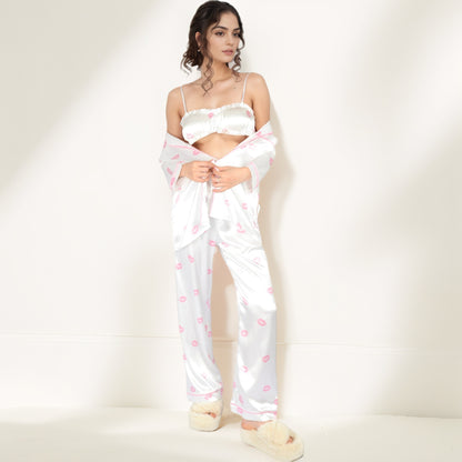 Anna-Kaci Women's Satin Three-Piece Pajama Set with Kiss Print Long Sleeve Button-Up Shirt Bandeau Top and Full-Length Lounge Pants