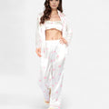 Anna-Kaci Women's Satin Three-Piece Pajama Set with Kiss Print Long Sleeve Button-Up Shirt Bandeau Top and Full-Length Lounge Pants