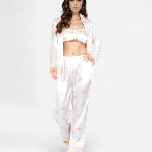 Anna-Kaci Women's Satin Three-Piece Pajama Set with Kiss Print Long Sleeve Button-Up Shirt Bandeau Top and Full-Length Lounge Pants