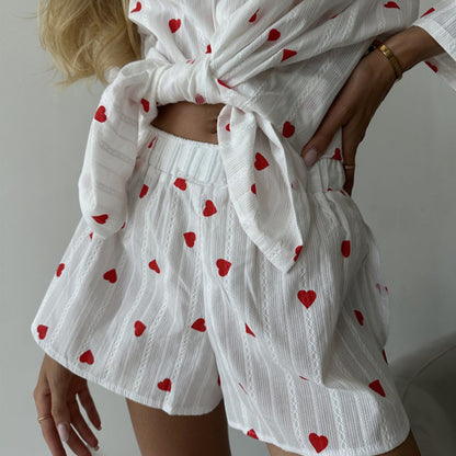 Anna-Kaci Lounge Women's White Long Sleeve Heart Print Tie Front Top and Matching Shorts Loungewear Set
