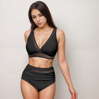 Anna-Kaci Swim Women's Two Piece Swimsuit with Mesh Trim Deep V Neck Bikini Top and High Waisted Ruched Bottoms