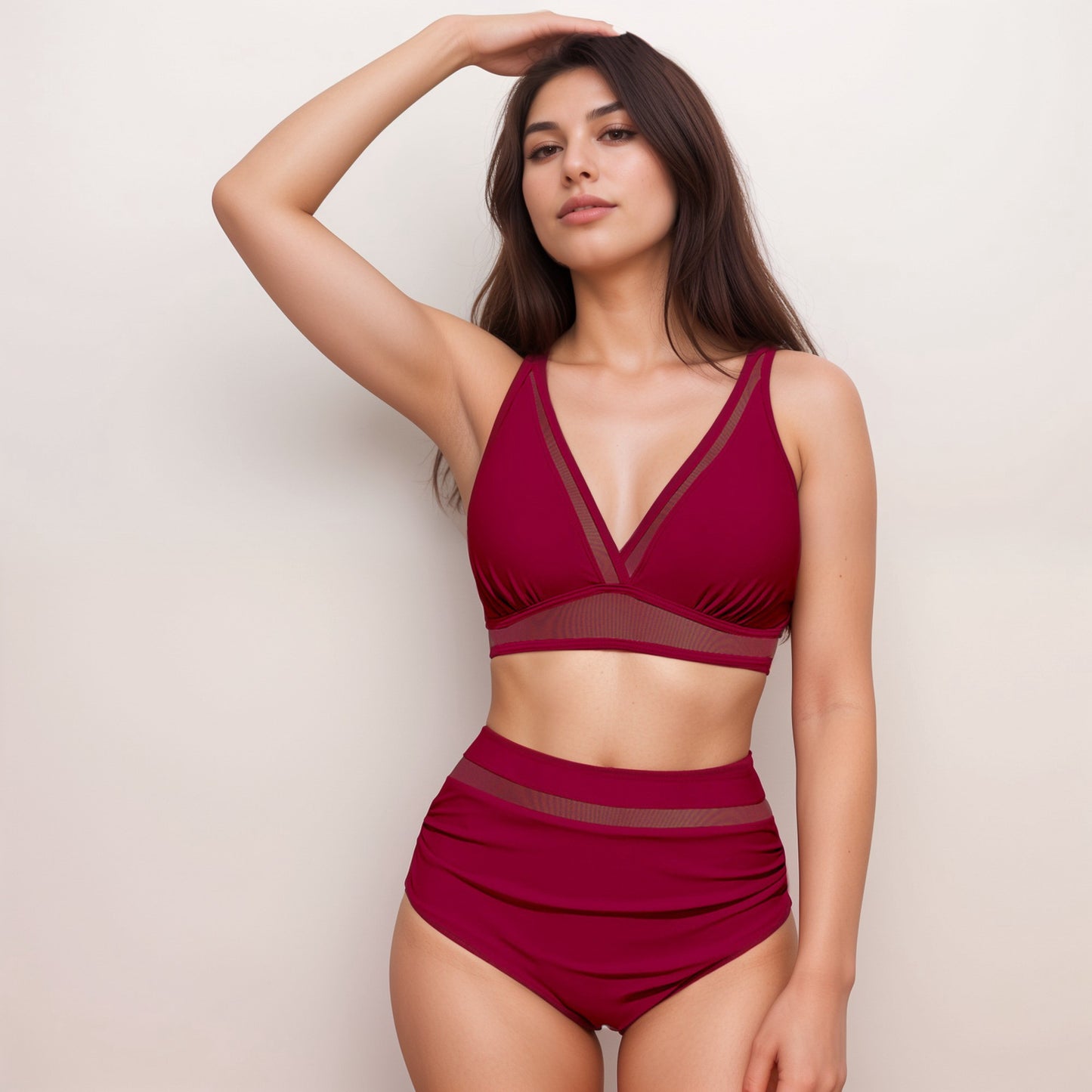 Anna-Kaci Swim Women's Two Piece Swimsuit with Mesh Trim Deep V Neck Bikini Top and High Waisted Ruched Bottoms