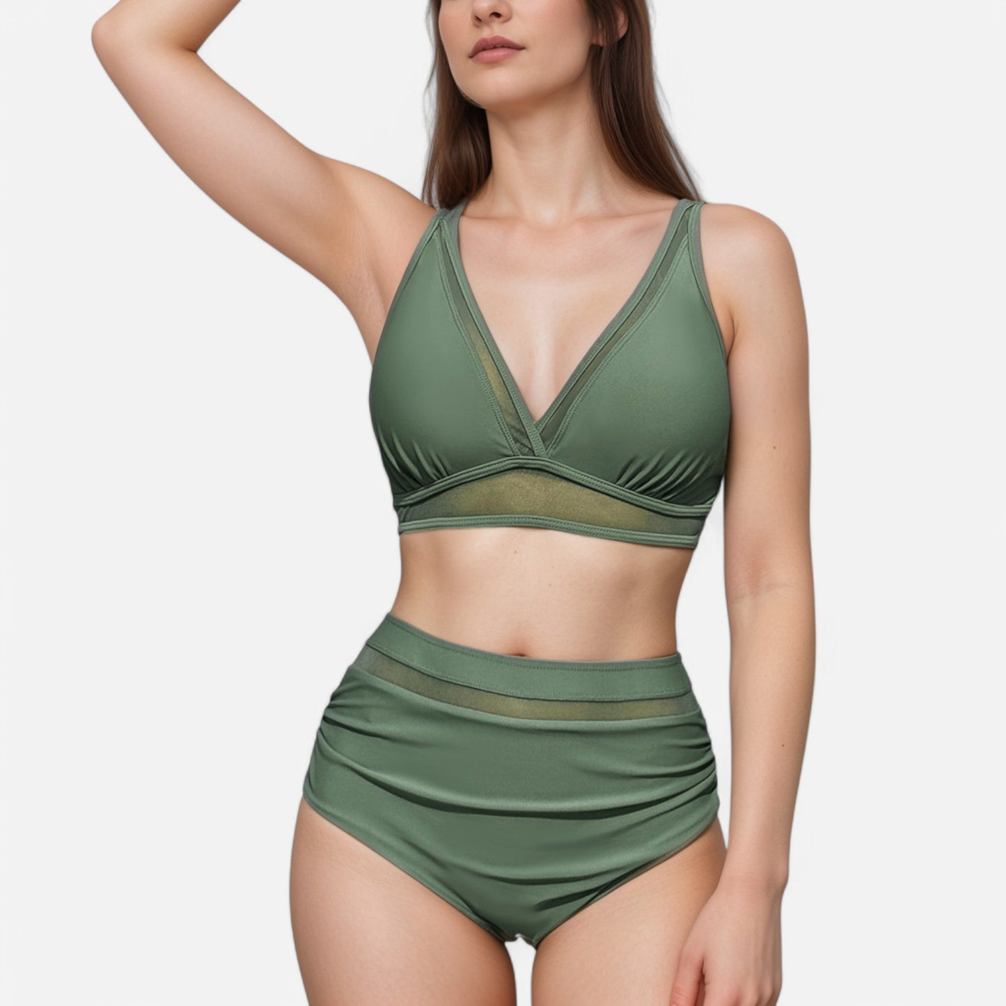 Anna-Kaci Swim Women's Two Piece Swimsuit with Mesh Trim Deep V Neck Bikini Top and High Waisted Ruched Bottoms