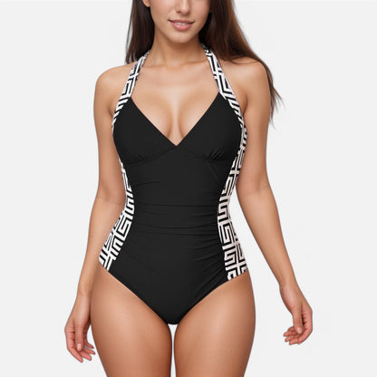 Anna-Kaci Swim Women's One Piece Halter Swimsuit with Geometric Side Panels and Ruched Waist Design
