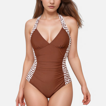 Anna-Kaci Swim Women's One Piece Halter Swimsuit with Geometric Side Panels and Ruched Waist Design