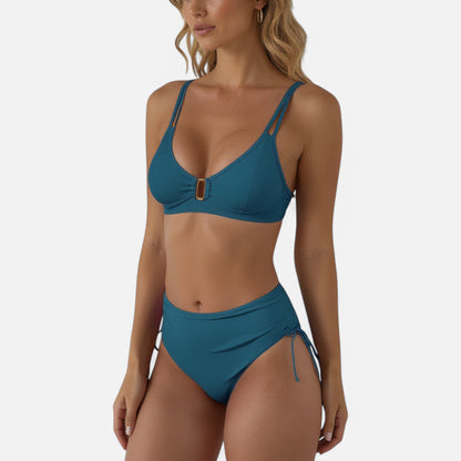 Anna-Kaci Swim Women's High Waist Bikini Set with Ruched Sides and Gold Hardware Accent Top
