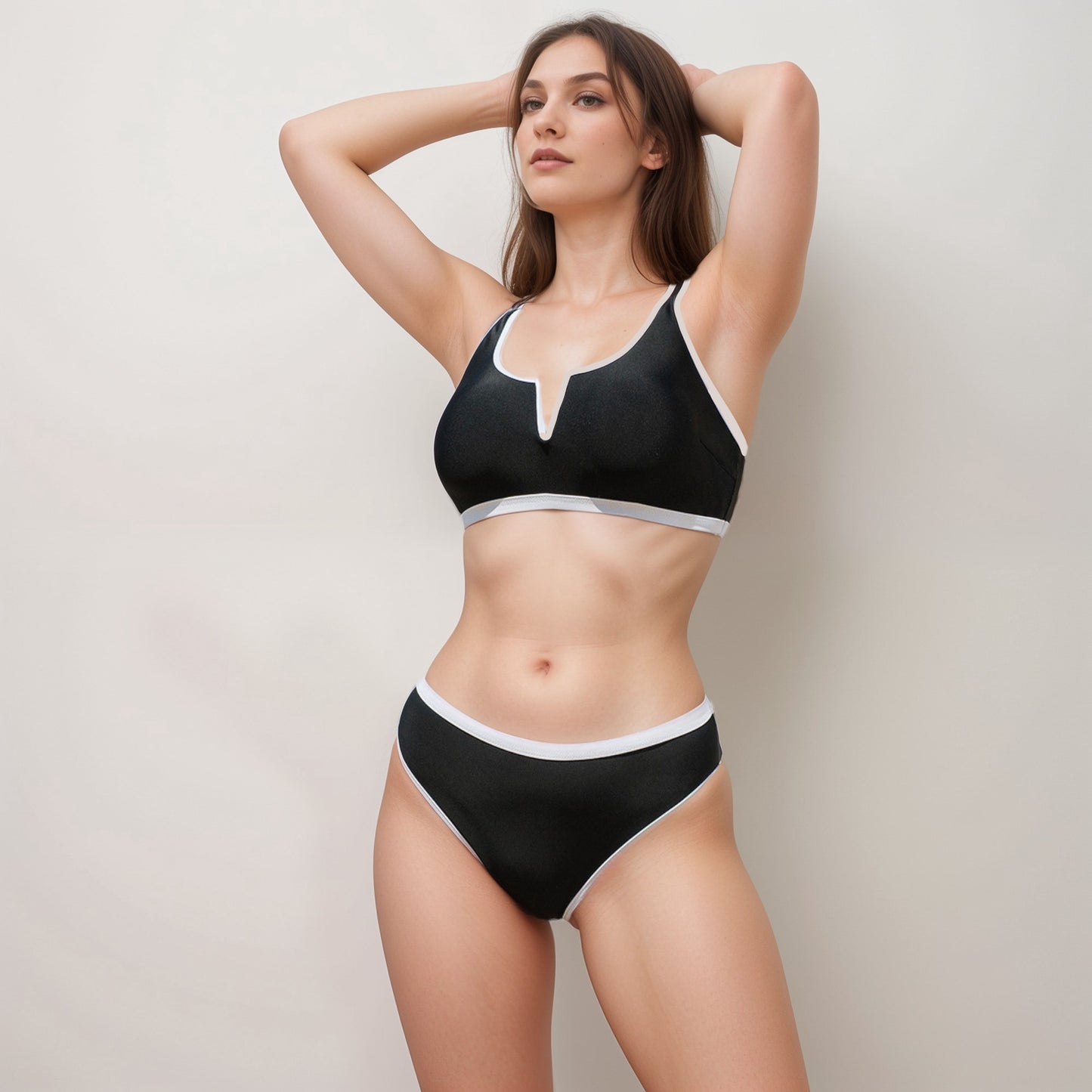 Anna-Kaci Swim Women's Contrast Trim High Waist Bikini Set with V Notch Neckline and Full Coverage Bottoms