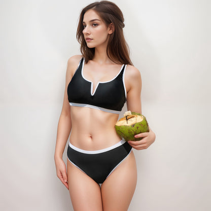 Anna-Kaci Swim Women's Contrast Trim High Waist Bikini Set with V Notch Neckline and Full Coverage Bottoms
