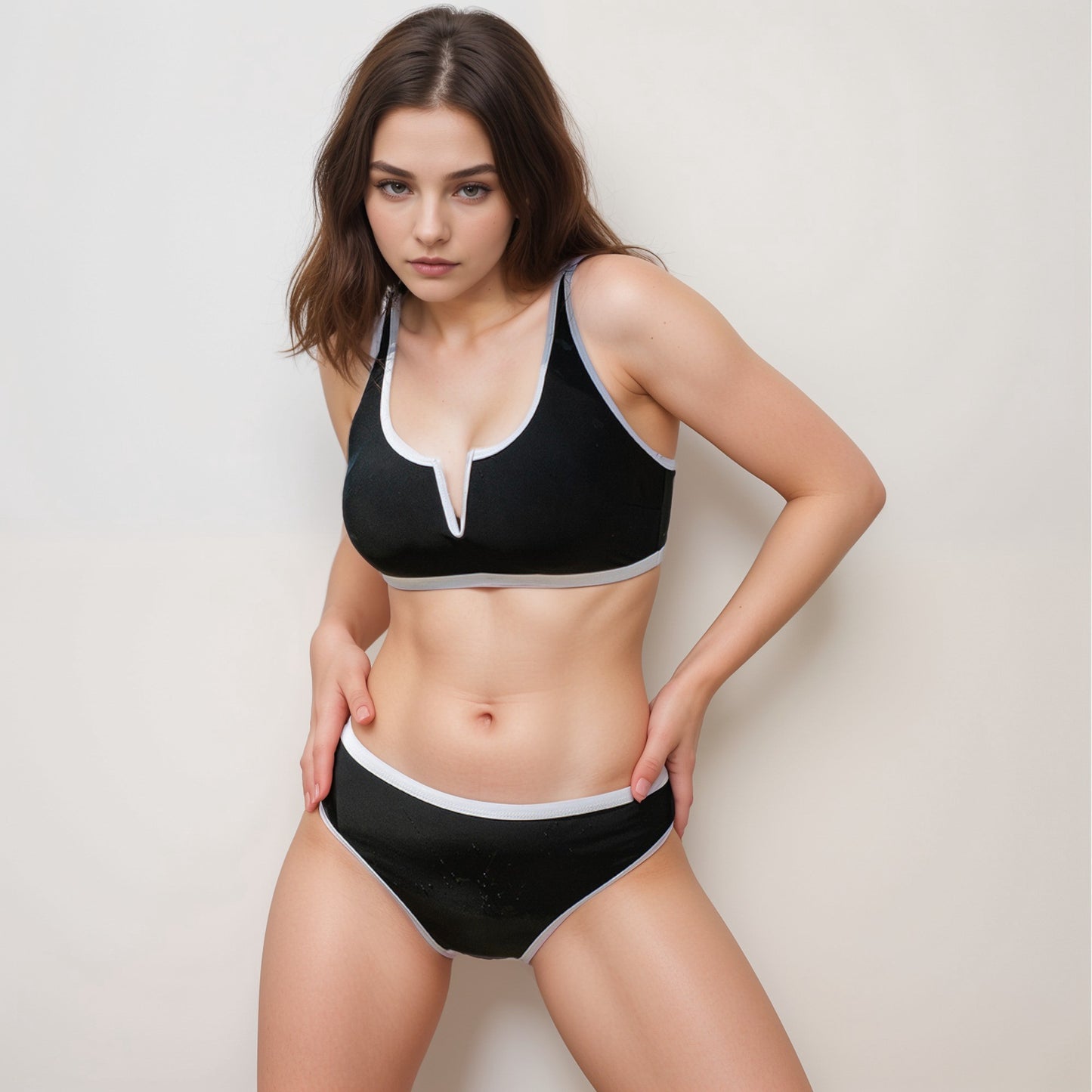 Anna-Kaci Swim Women's Contrast Trim High Waist Bikini Set with V Notch Neckline and Full Coverage Bottoms