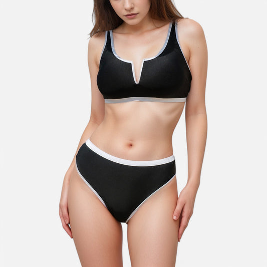 Anna-Kaci Swim Women's Contrast Trim High Waist Bikini Set with V Notch Neckline and Full Coverage Bottoms