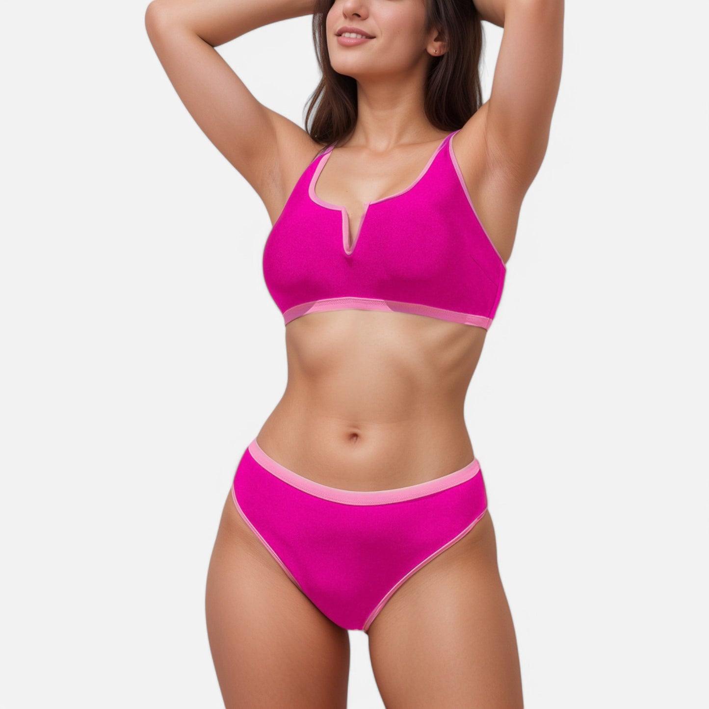 Anna-Kaci Swim Women's Contrast Trim High Waist Bikini Set with V Notch Neckline and Full Coverage Bottoms