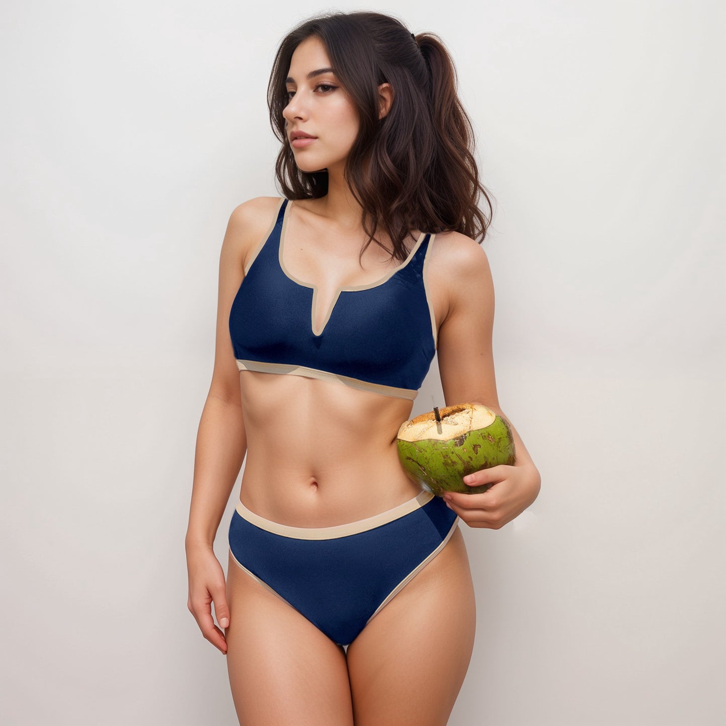 Anna-Kaci Swim Women's Contrast Trim High Waist Bikini Set with V Notch Neckline and Full Coverage Bottoms