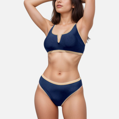 Anna-Kaci Swim Women's Contrast Trim High Waist Bikini Set with V Notch Neckline and Full Coverage Bottoms