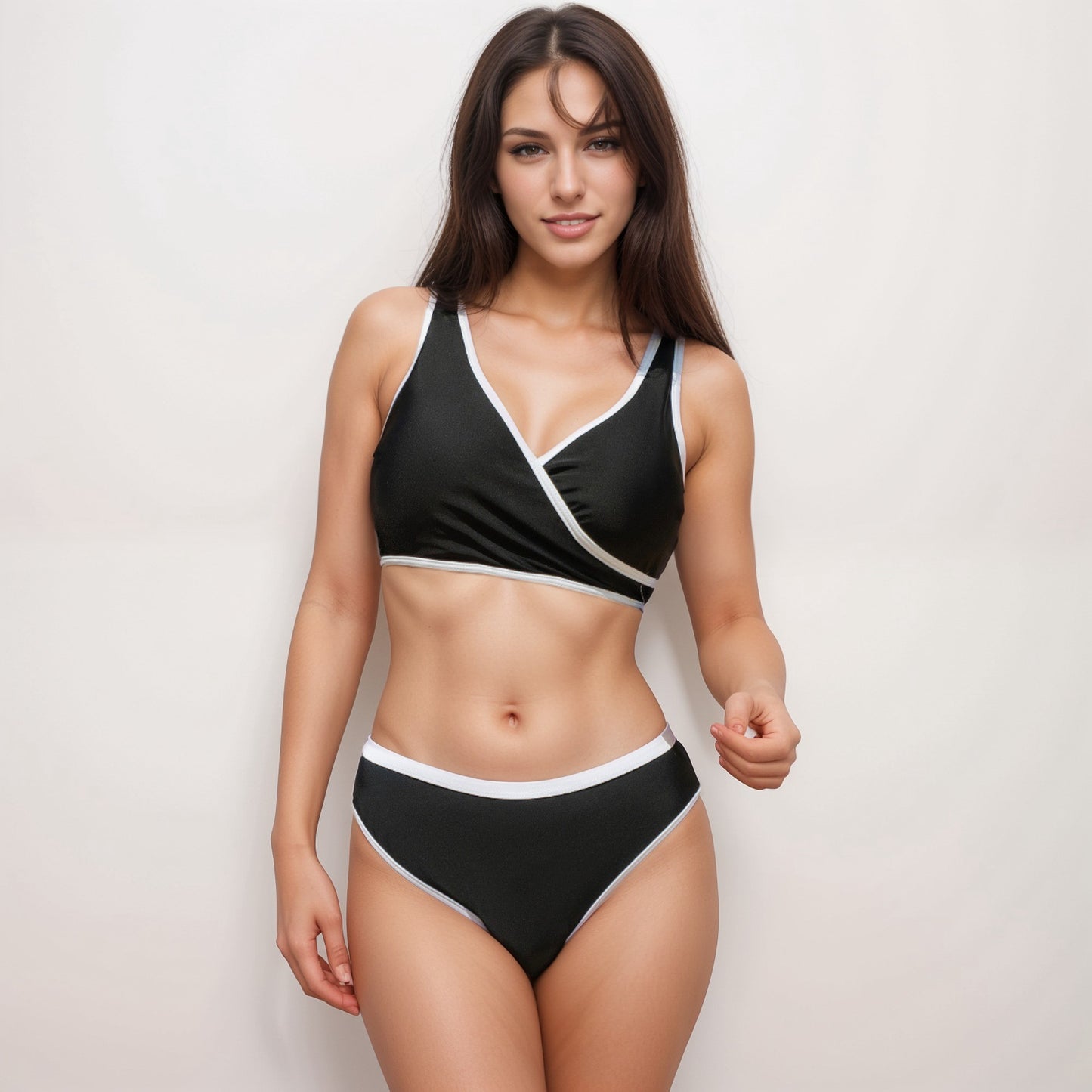 Anna-Kaci Swim Women's Two Piece Bikini Set with Contrast Trim and Wrap Front Top