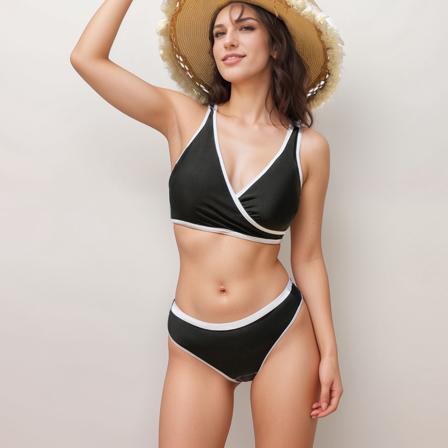 Anna-Kaci Swim Women's Two Piece Bikini Set with Contrast Trim and Wrap Front Top