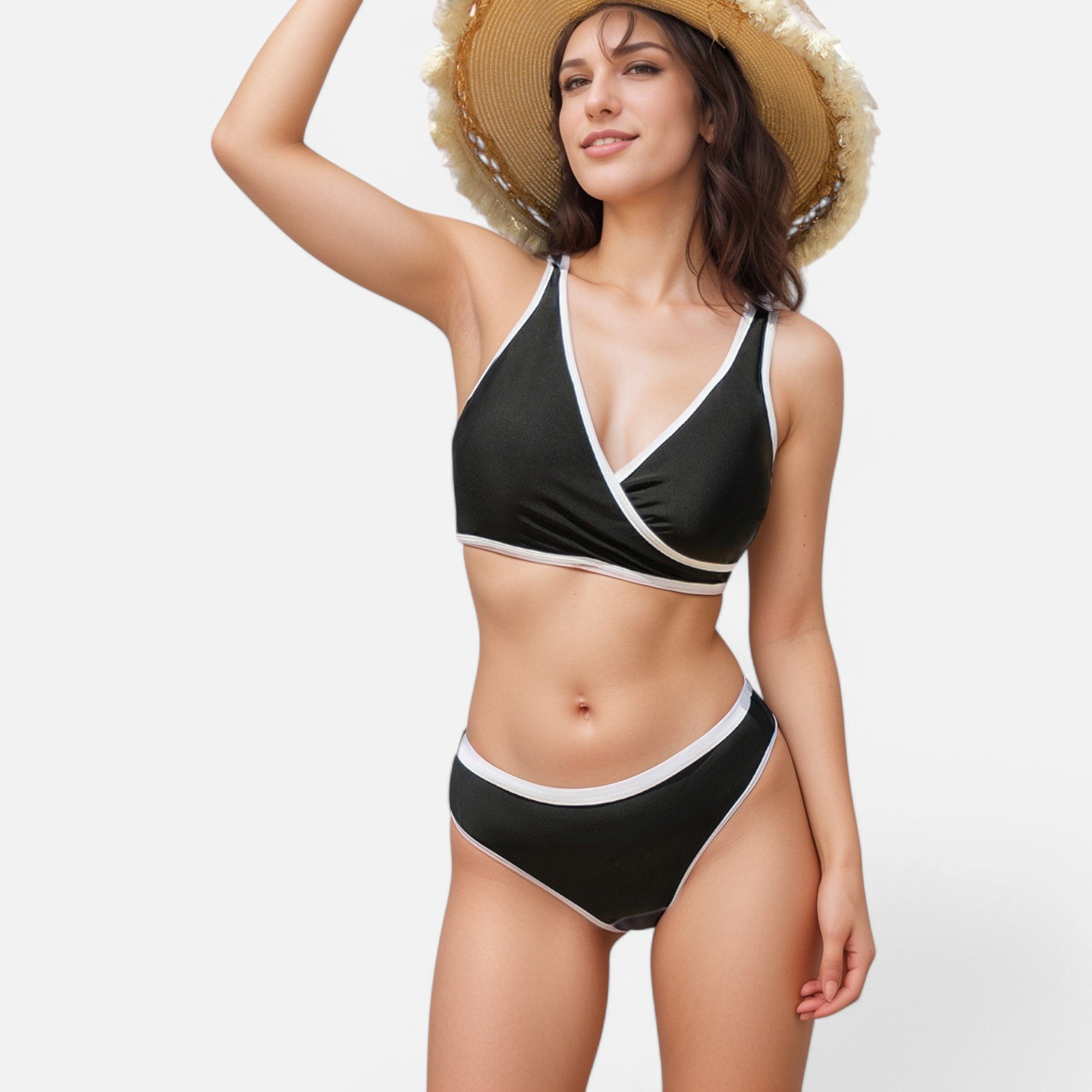 Anna-Kaci Swim Women's Two Piece Bikini Set with Contrast Trim and Wrap Front Top