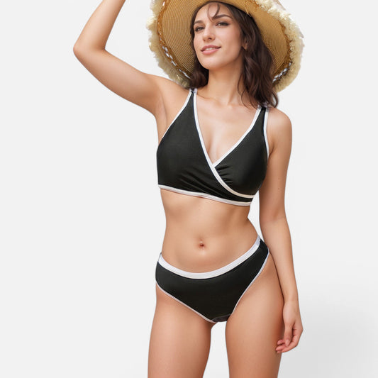 Anna-Kaci Swim Women's Two Piece Bikini Set with Contrast Trim and Wrap Front Top