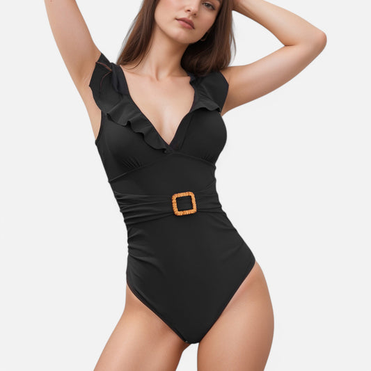 Anna-Kaci Swim Women's Ruffle Trim One Piece Swimsuit with Deep V Neckline and Decorative Belt Detail