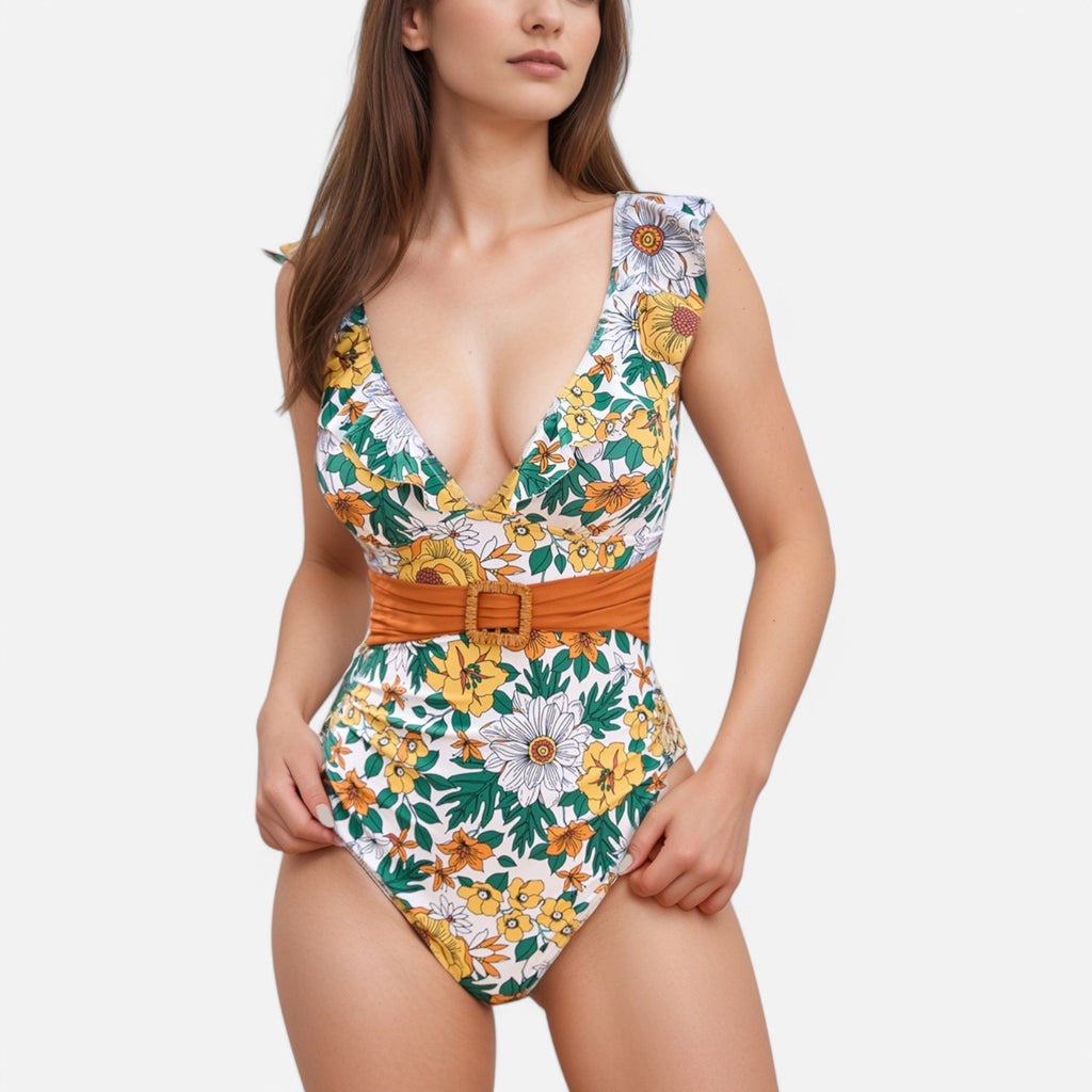 Anna-Kaci Swim Women's Ruffle Trim One Piece Swimsuit with Deep V Neckline and Decorative Belt Detail