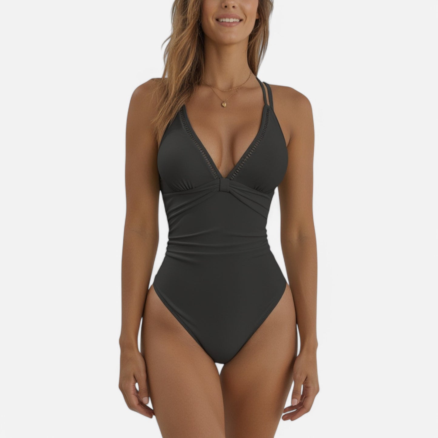 Anna-Kaci Swim Women's Ruched Deep V One-Piece Swimsuit with Double Strap Design and Twist Front Detail