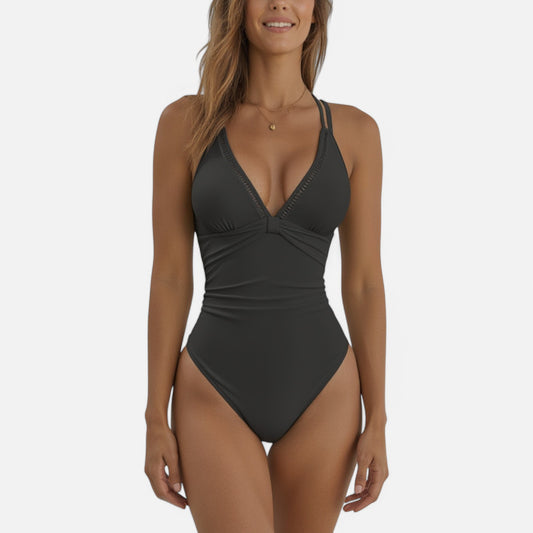 Anna-Kaci Swim Women's Ruched Deep V One-Piece Swimsuit with Double Strap Design and Twist Front Detail